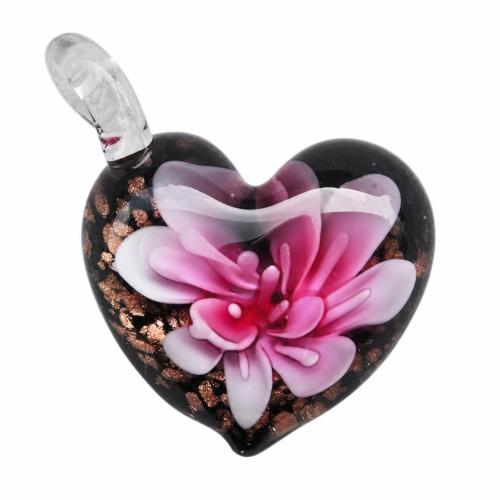 Innere Blume Murano Anhänger, Lampwork, Herz, Goldsand & innen Blume, keine, 43x31x17mm, Bohrung:ca. 5mm, verkauft von PC