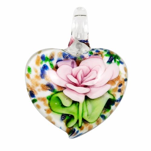 Innere Blume Murano Anhänger, Lampwork, Herz, Goldsand & zweifarbig & innen Blume, 37x34x13mm, Bohrung:ca. 5mm, verkauft von PC