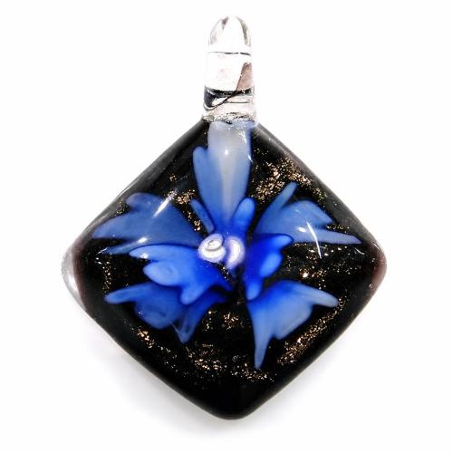Innere Blume Murano Anhänger, Lampwork, Rhombus, innen Blume, tiefblau, 25x25x6mm, Bohrung:ca. 3mm, verkauft von PC