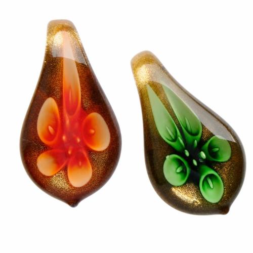 Innere Blume Murano Anhänger, Lampwork, Blatt, Goldsand & innen Blume, keine, 48x26x13mm, Bohrung:ca. 7mm, verkauft von PC