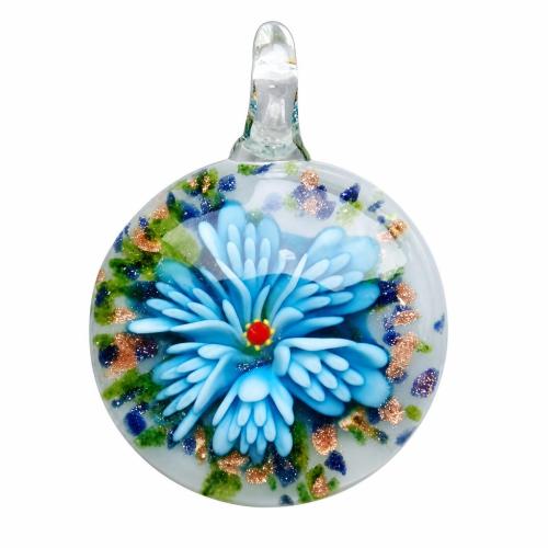 Innere Blume Murano Anhänger, Lampwork, mit Kunststoff Kasten, flache Runde, Goldsand & innen Blume, gemischte Farben, 31x32x7mm, Bohrung:ca. 6mm, 6PCs/Box, verkauft von Box