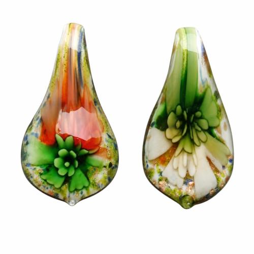 Innere Blume Murano Anhänger, Lampwork, mit Kunststoff Kasten, gemischt & Goldsand & innen Blume, 54-57mm, 27mm, 10-11mm, Bohrung:ca. 9mm, 6PCs/Box, verkauft von Box