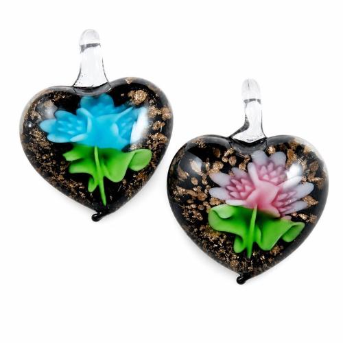 Innere Blume Murano Anhänger, Lampwork, Herz, Goldsand & innen Blume, gemischte Farben, 35x37x12mm, Bohrung:ca. 8mm, 12PCs/Box, verkauft von Box