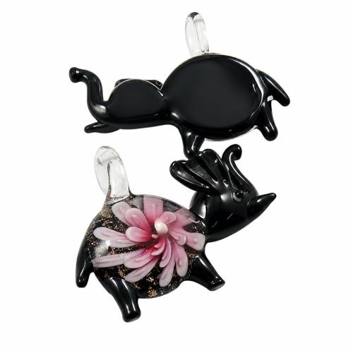 Innere Blume Murano Anhänger, Lampwork, mit Kunststoff Kasten, Elephant, Goldsand & innen Blume, gemischte Farben, 58x29x12mm, Bohrung:ca. 9mm, 6PCs/Box, verkauft von Box