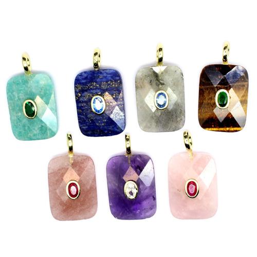 Gemstone Brass Pendants, with Brass, Rectangle, polished, DIY & micro pave cubic zirconia & faceted 