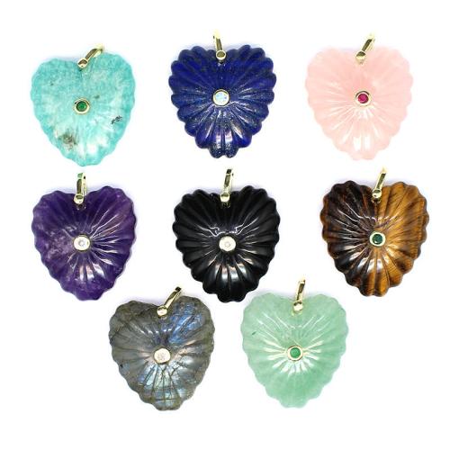 Gemstone Brass Pendants, with Brass, Heart, Carved, DIY & micro pave cubic zirconia 