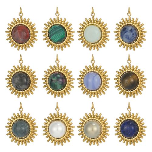 Gemstone Jewelry Pendants, 304 Stainless Steel, with Gemstone, Flower, gold color plated, DIY 