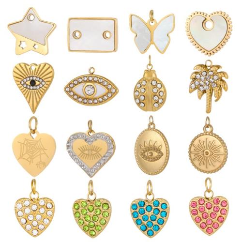 Rhinestone Stainless Steel Pendants, 304 Stainless Steel, with White Shell, gold color plated, DIY & with rhinestone 