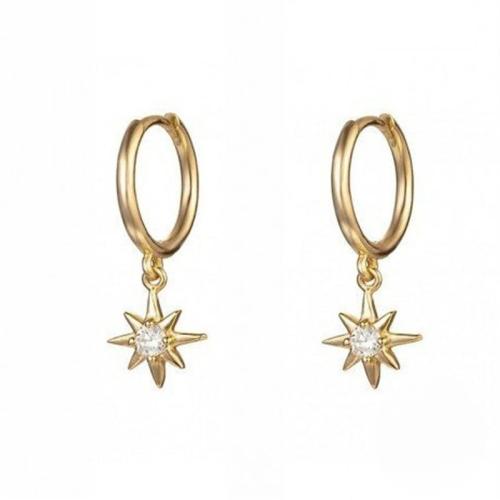 銅 Huggieフープドロップイヤリング, エイトポイントスター, メッキ, 女性用 & ライン石のある, 無色, Inner diameter of earring clasp 9mm, 売り手 ペア
