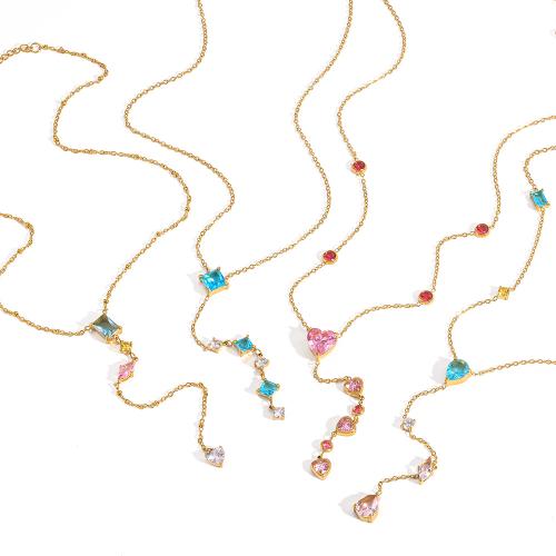 Acier inoxydable 304 collier, Placage de couleur d'or, styles différents pour le choix & pavé de micro zircon & pour femme, Vendu par PC