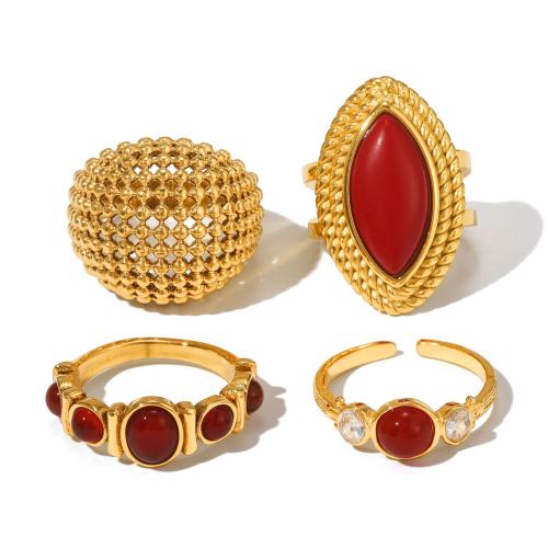 304 Stainless Steel Finger Ring, with Red Agate, gold color plated & for woman 