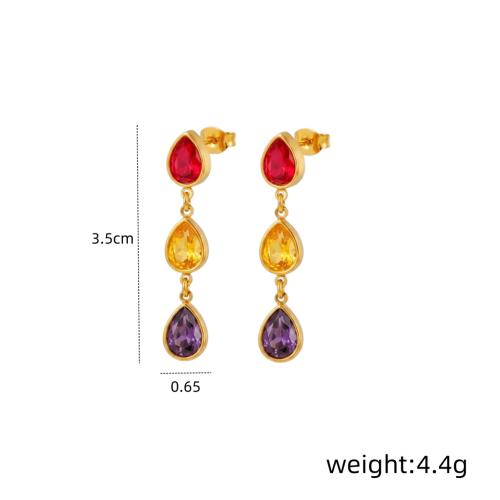 304 Stainless Steel Drop Earring, Teardrop, gold color plated, for woman & with rhinestone 35mm 