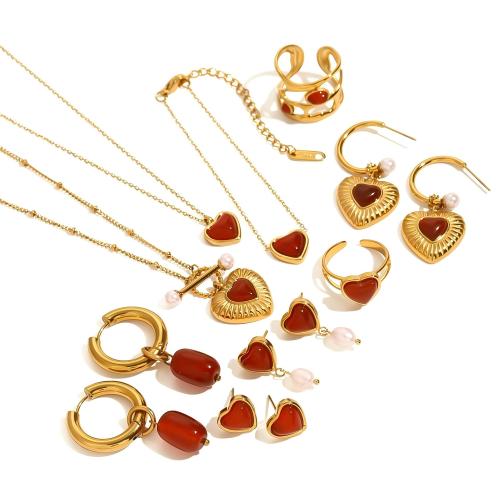 304 Stainless Steel Jewelry Set, with Red Agate, gold color plated & for woman 