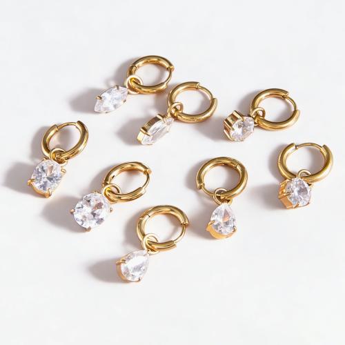 304 Stainless Steel Huggie Hoop Drop Earring, gold color plated & micro pave cubic zirconia & for woman 