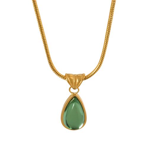 Titanium Steel Necklace, with Glass Stone, with 5cm extender chain, Teardrop, plated, snake chain & for woman Approx 40 cm 