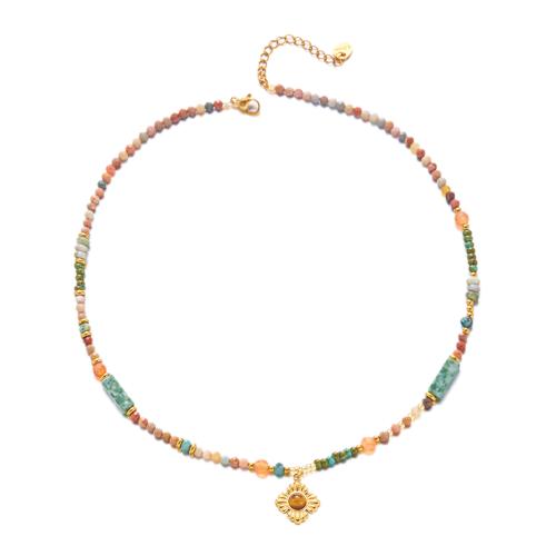 304 Stainless Steel Necklace, with Gemstone, gold color plated & for woman 