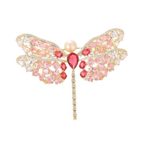 Broches de Perlas de Agua Dulce, metal, con Perlas cultivadas de agua dulce, Libélula, Recubrimiento iónico al vacío, Joyería & micro arcilla de zirconia cúbica & para mujer, dorado, 48x66mm, Vendido por UD