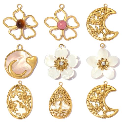 Acero inoxidable colgante de la flor, acero inoxidable 304, con Piedras preciosas & Nácar, chapado en color dorado, Bricolaje & diferentes estilos para la opción & con diamantes de imitación, 3PCs/Bolsa, Vendido por Bolsa