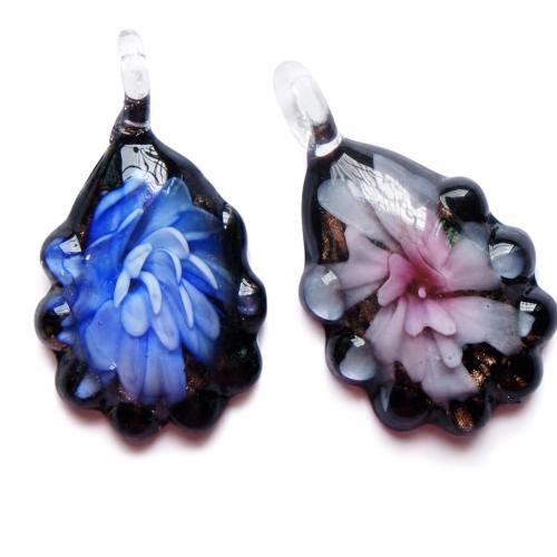 内側の花ランプワーク ペンダント, ランプワーク, とともに プラスチック製のボックス, 花形, ハンドメイド, ゴールドサンド & ボロシリケイトガラス, ミックスカラー 穴:約 7mm, 12パソコン/ボックス, 売り手 ボックス
