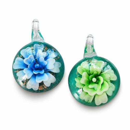 内側の花ランプワーク ペンダント, ランプワーク, とともに プラスチック製のボックス, 楕円, ボロシリケイトガラス, ミックスカラー 穴:約 7mm, 12パソコン/ボックス, 売り手 ボックス