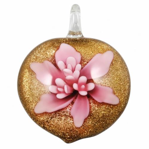 内側の花ランプワーク ペンダント, ランプワーク, ハート形, ゴールドサンド & 二色 & ボロシリケイトガラス 穴:約 6mm, 売り手 パソコン