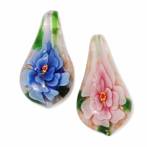 内側の花ランプワーク ペンダント, ランプワーク, とともに プラスチック製のボックス, 葉っぱ, ゴールドサンド & 二色 & ボロシリケイトガラス, ミックスカラー 穴:約 7mm, 12パソコン/ボックス, 売り手 ボックス