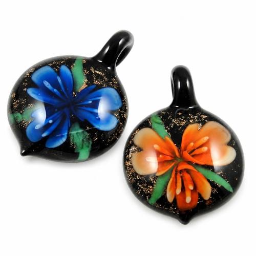 内側の花ランプワーク ペンダント, ランプワーク, 楕円, エクステンダー チェーン付き & 二色 & ボロシリケイトガラス, 無色 穴:約 7mm, 売り手 パソコン
