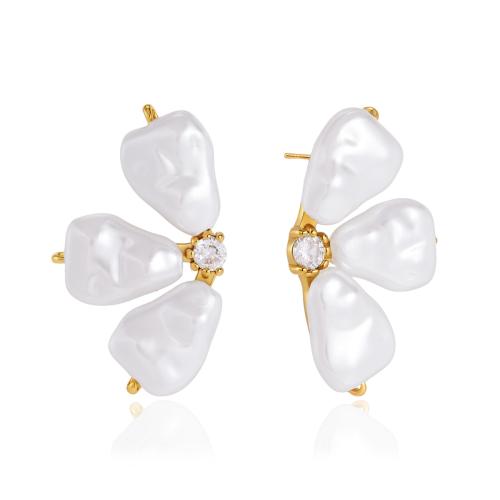 304 Stainless Steel Stud Earring, with Plastic Pearl, gold color plated, micro pave cubic zirconia & for woman [