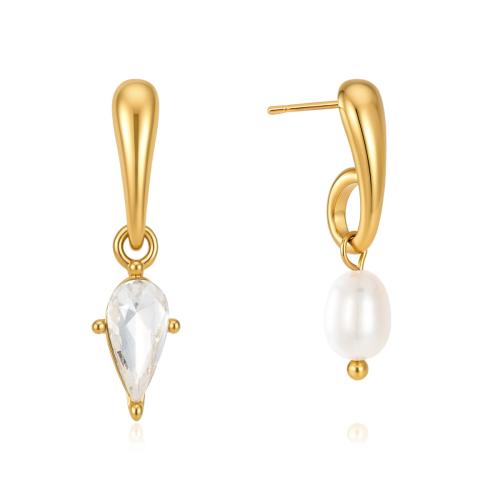 304 Edelstahl asymmetrische Ohrringe, mit Natürliche kultivierte Süßwasserperlen, goldfarben plattiert, Modeschmuck & für Frau & mit Strass, verkauft von Paar