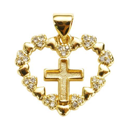 Colgante de Micro Pavé de Zirconía Cúbica, metal, Corazón y Cruz, chapado en oro real, Bricolaje & micro arcilla de zirconia cúbica & hueco, 18x22x2mm, agujero:aproximado 7x5mm, Vendido por UD