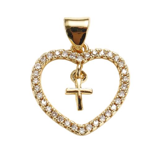 Colgante de Micro Pavé de Zirconía Cúbica, metal, Corazón y Cruz, chapado en oro real, Bricolaje & micro arcilla de zirconia cúbica & hueco, 15x17x2mm, agujero:aproximado 7x5mm, Vendido por UD