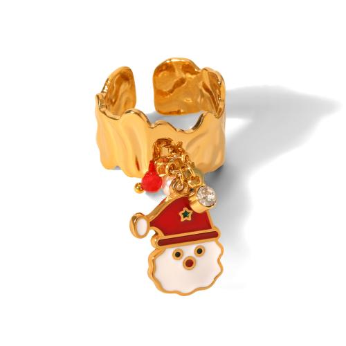 304 Stainless Steel Cuff Finger Ring, with Plastic Pearl, Vacuum Ion Plating, Christmas Design & for woman & enamel & with rhinestone [
