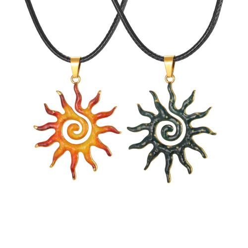 304 Stainless Steel Necklace, with leather cord, with 5cm extender chain, Sun, plated, fashion jewelry & Unisex Approx 60 cm 