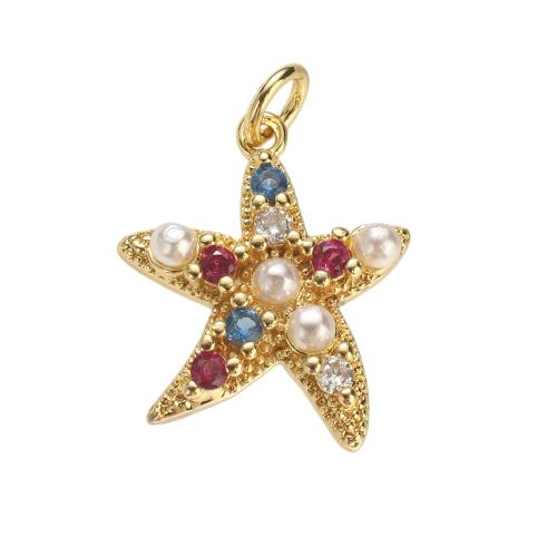 Cubique Pendentif en laiton zircon pavent, avec perle de plastique, étoile de mer, Plaqué d'or, DIY & pavé de micro zircon Environ 4mm, Vendu par PC