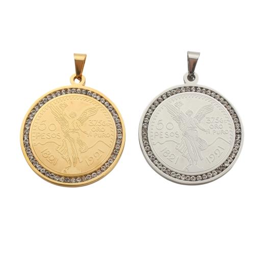 Stainless Steel Pendants, 304 Stainless Steel, Flat Round, plated, DIY & with rhinestone 