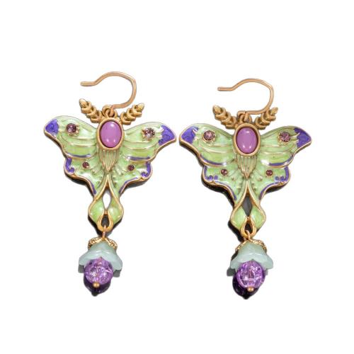 laiton Boucle d'oreille goutte, papillon, Placage de couleur d'or, pour femme & émail & avec strass Vendu par paire[