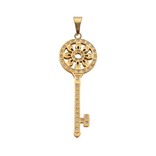 Stainless Steel Key Pendants, 304 Stainless Steel, gold color plated, DIY & with rhinestone 