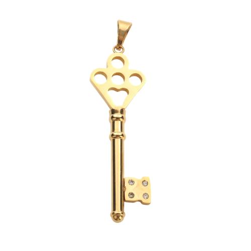 Stainless Steel Key Pendants, 304 Stainless Steel, gold color plated, DIY & with rhinestone 