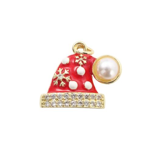 Cubic Zirconia Micro Pave Brass Pendants, with Plastic Pearl, Christmas Hat, gold color plated, Christmas Design & DIY & micro pave cubic zirconia & enamel 