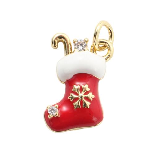 Cubic Zirconia Micro Pave Brass Pendants, Christmas Sock, gold color plated, DIY & micro pave cubic zirconia & enamel 