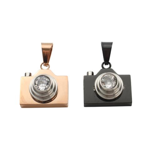 Rhinestone Stainless Steel Pendants, 304 Stainless Steel, Camera, plated, DIY & with rhinestone 