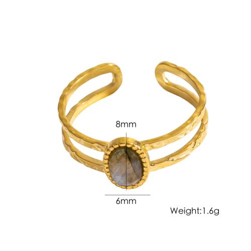 304 Stainless Steel Cuff Finger Ring, with Gemstone, gold color plated & for woman & hollow 