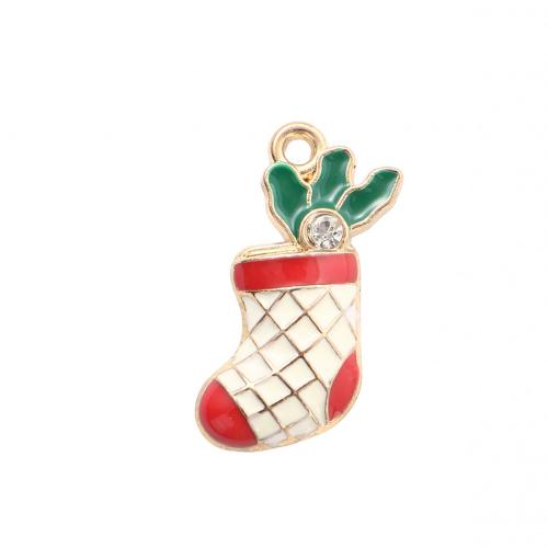 Zinc Alloy Christmas Pendants, Christmas Sock, gold color plated, DIY & enamel & with rhinestone 