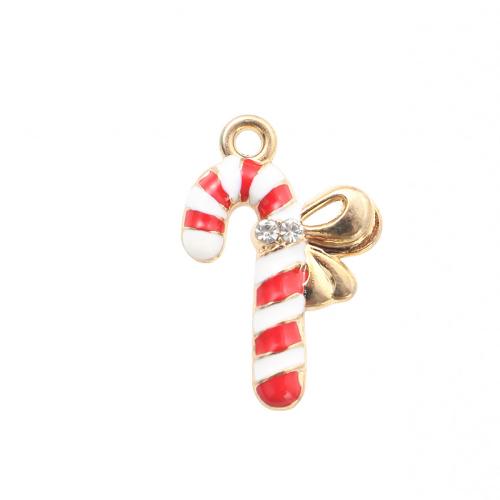 Zinc Alloy Christmas Pendants, Christmas Candy Cane, gold color plated, DIY & enamel & with rhinestone 