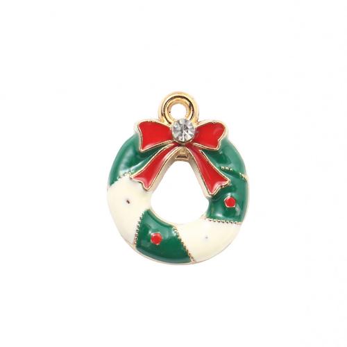 Zinc Alloy Christmas Pendants, Christmas Wreath, gold color plated, DIY & enamel & with rhinestone 