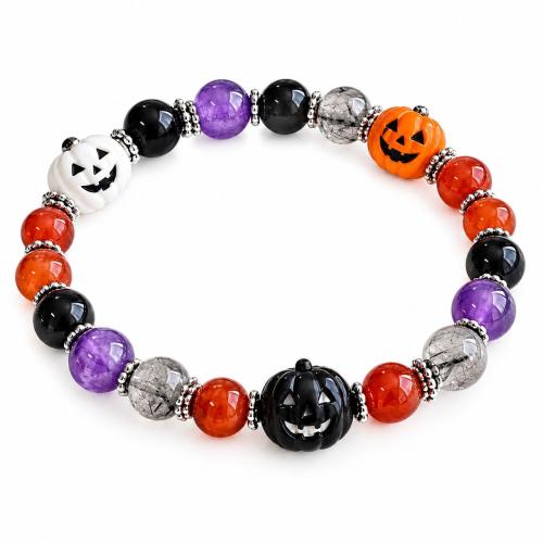 Black Agate Bracelet, with Carnelian & Quartz & Amethyst & Zinc Alloy, Pumpkin, handmade, Halloween Design & for woman, multi-colored Approx 18 cm 