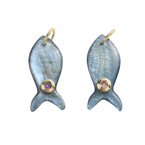 colgantes de latón de concha, metal, con Nácar, Pez, chapado en oro real, Bricolaje & micro arcilla de zirconia cúbica, 25.6x11.1x2.9mm, agujero:aproximado 5.5mm, Vendido por UD