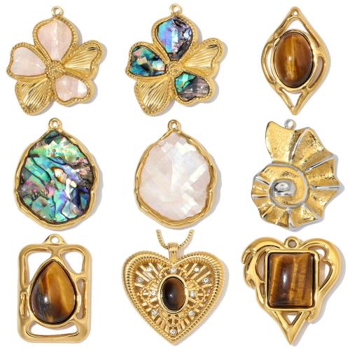 Stainless Steel Pendants, 304 Stainless Steel, with Gemstone & Shell, plated, DIY & with rhinestone 