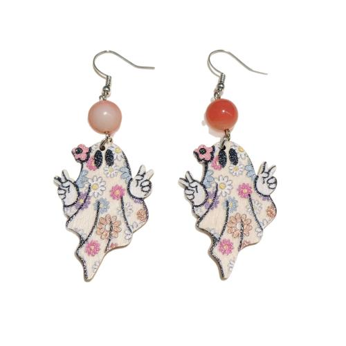 Wood Drop Earring, with Polymer Clay, Ghost, handmade, Halloween Design & for woman 