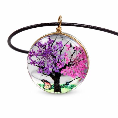 Glas Halskette, mit Getrocknete Blumen & Wachsschnur & Zinklegierung, mit Verlängerungskettchen von 5cm, flache Runde, plattiert, Modeschmuck & für Frau, keine, pendant size 30x30mm, Länge:ca. 42 cm, verkauft von PC